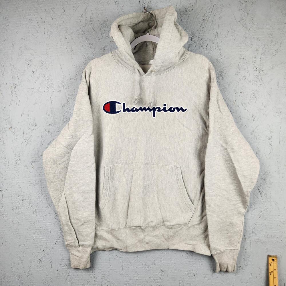 Champion Reverse Weave Hoodie Mens Medium Gray Script Logo Sweatshirt Heavy